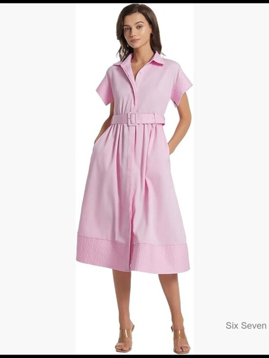 Dresses & Skirts - Polyester Cotton Button Down Shirt Dress with Belt Casual Midi Dress